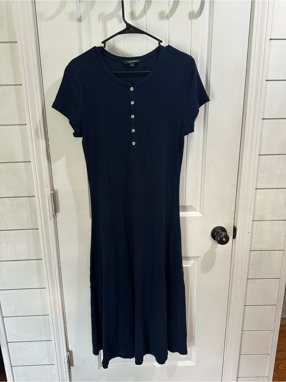 Ralph Lauren Navy Short-Sleeve Midi knit waffle Dress with Button Front fall - Picture 2 of 6